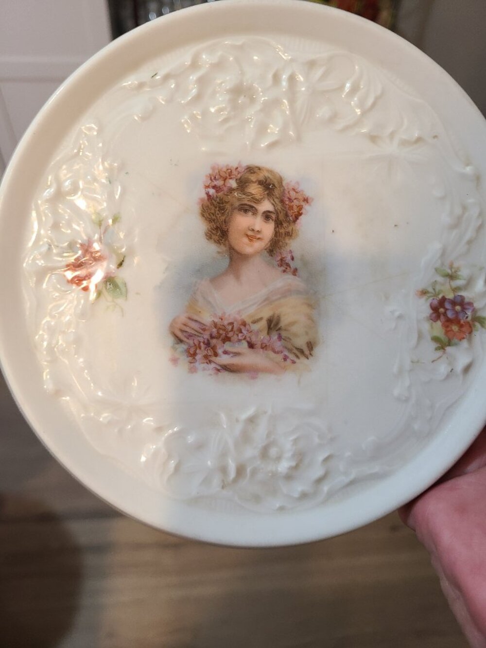 Antique Victorian Lady Holding Flowers Tea Tile Shabby Chic Pink White